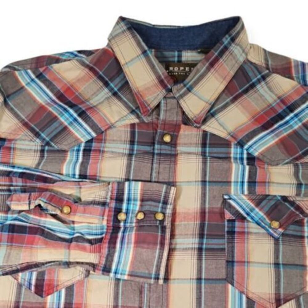 Roper‎ Western Plaid Pearl Snap Cowboy Rodeo Long Sleeve Shirt Brown & Blue